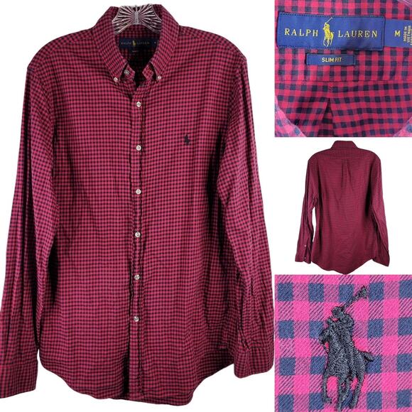 Polo Ralph Lauren Shirt Men's Medium Red Buffalo Plaid Slim LS Button Up Flannel - Picture 1 of 7